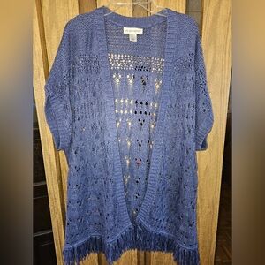 Christopher & Banks Sz L Blue Short Sleeve Fringe Bottom Open Front Cardigan